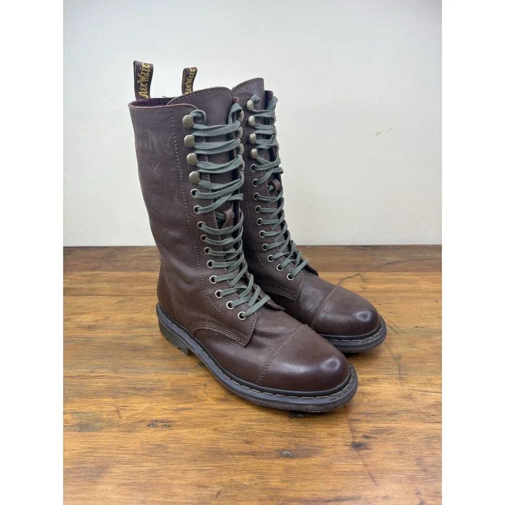 Dr Martens Tehani Leather Fold Down Combat Boots Houndstooth Lining Women’s US 8